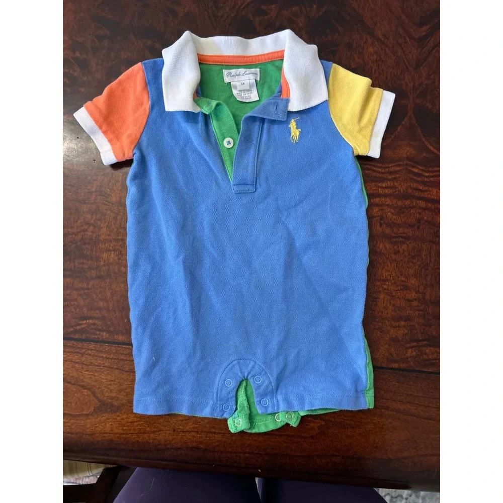 Ralph Lauren Baby Boy Colorblock Polo Romper Blue Green Orange Yellow 6M